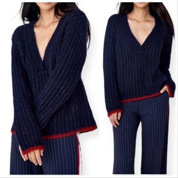 La Ligne Sweater, V neck alpaca wool sweater, Navy, Size M - Picture 15 of 15